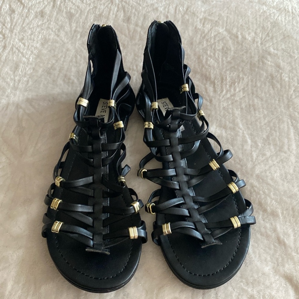 Steve Madden Black Gladiator Sandals with Gold Accents